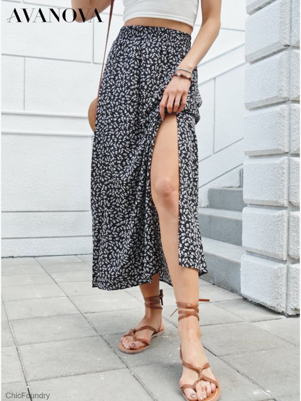 Boho Floral Maxi Skirt with Side Slit High Waisted Lightweight Polyester Blend - Picture 7 of 7